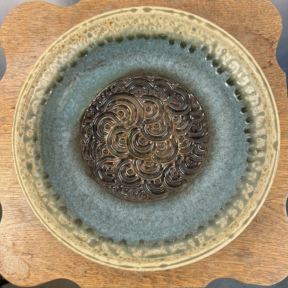 Artisan Handmade Ceramic Deep Plate with Blue-Green & Brown Swirls, NC Pottery